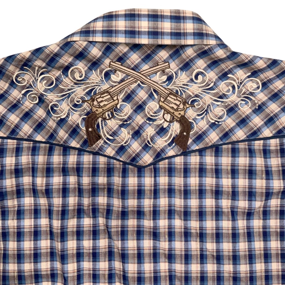 Roper Western Shirt Mens 2XL Blue Plaid Metallic Embroidery Revolvers Cowboy